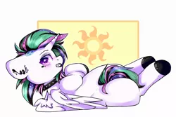 Size: 3000x2000 | Tagged: suggestive, artist:etoz, derpibooru import, princess celestia, alicorn, pony, black eyeshadow, blushing, butt, choker, collar, commission, cute, ear piercing, eyeshadow, female, horn, looking at you, looking back, looking back at you, makeup, mare, nudity, offscreen character, piercing, presenting, punk, punklestia, simple background, solo, solo female, spiked choker, spiked collar, teeth, wingding eyes, wings, ych result