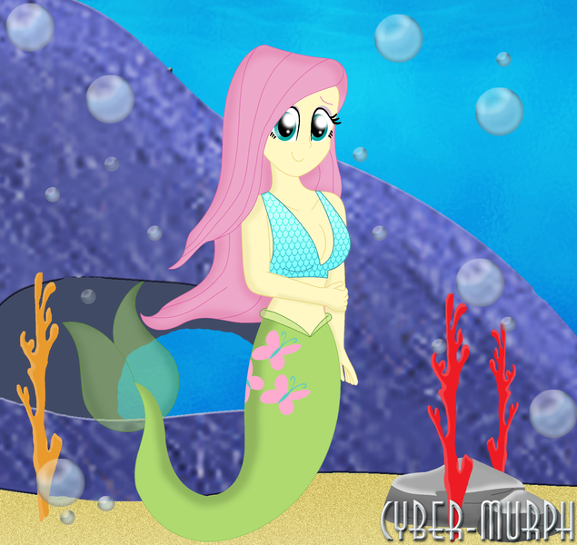 Size: 2505x2367 | Tagged: safe, artist:cyber-murph, derpibooru import, fluttershy, mermaid, equestria girls, belly, bikini, bikini top, breasts, cleavage, clothes, coral reef, cove, cute, flowing hair, mermaidized, midriff, rock, shyabetes, species swap, swimsuit, underwater