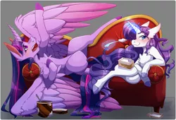 Size: 1500x1020 | Tagged: safe, artist:pastel-pony-pictures, deleted from derpibooru, derpibooru import, rarity, twilight sparkle, twilight sparkle (alicorn), alicorn, pony, unicorn, blushing, chest fluff, dramatic, eating, fainting couch, female, food, ice cream, lesbian, looking at you, magic, mare, rarilight, shipping, smiling, telekinesis