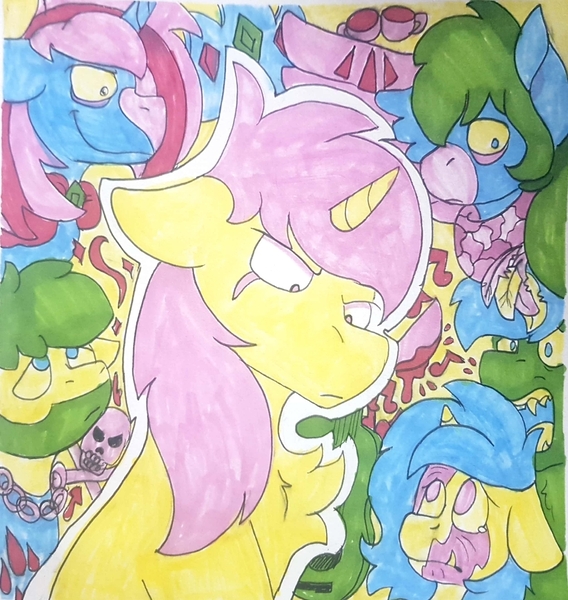 Size: 1080x1141 | Tagged: safe, artist:euspuche, derpibooru import, oc, oc:bean, oc:boomer, oc:lactis, oc:naiv nein, oc:solar chaser, pony, miguel caballero rojo, traditional art