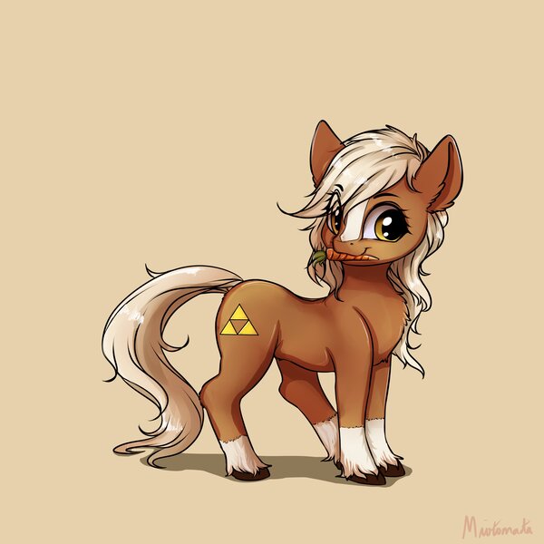 Size: 3200x3200 | Tagged: safe, artist:miokomata, derpibooru import, ponified, earth pony, pony, carrot, epona, female, food, mare, mouth hold, simple background, solo, the legend of zelda, triforce, unshorn fetlocks