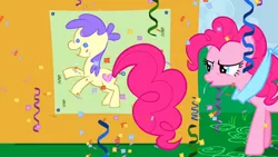 Size: 1280x720 | Tagged: safe, derpibooru import, screencap, pinkie pie, earth pony, pony, the ticket master, blindfold, confetti, cute, diapinkes, female, mare, pin the tail on the pony, solo, streamers