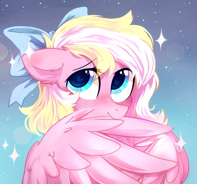 Size: 1461x1369 | Tagged: safe, artist:mirtash, derpibooru import, oc, oc:bay breeze, unofficial characters only, pegasus, pony, blushing, bow, ear fluff, female, grooming, hair bow, heart eyes, mare, preening, solo, wing noms, wingding eyes