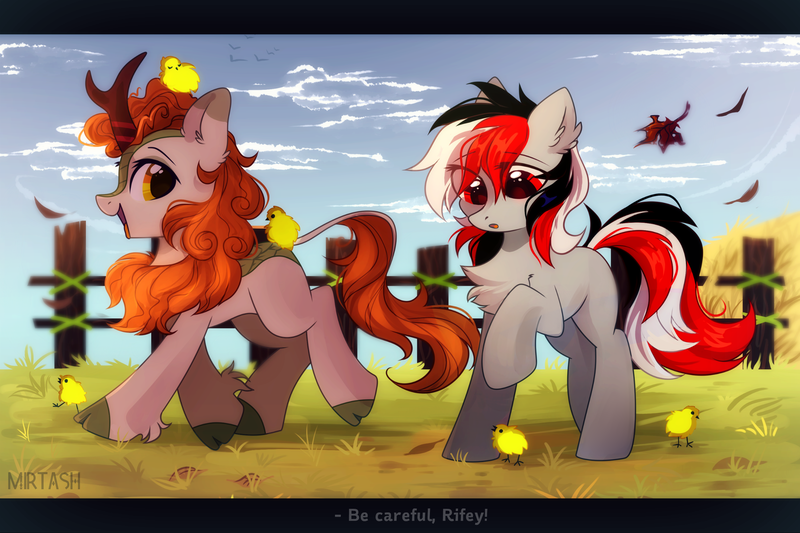 Size: 2449x1632 | Tagged: safe, artist:mirtash, derpibooru import, autumn blaze, oc, oc:rifey, bird, chicken, earth pony, kirin, pony, chest fluff, chick, cute, duo, female, fence, mare, rcf community