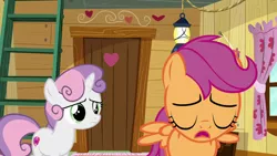 Size: 1280x720 | Tagged: safe, derpibooru import, screencap, scootaloo, sweetie belle, pegasus, pony, unicorn, the last crusade, clubhouse, crusaders clubhouse, curtains, door, duo, duo female, eyes closed, female, heart, ladder, sad, sigh, window