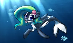 Size: 5469x3234 | Tagged: safe, artist:ohjeetorig, derpibooru import, oc, oc:marina (efnw), orca, orca pony, original species, absurd resolution, commission, everfree northwest, hairpin, solo, tongue out, underwater