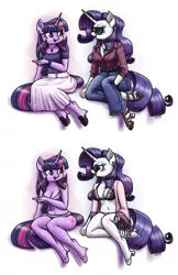 Size: 2000x3078 | Tagged: suggestive, artist:king-kakapo, derpibooru import, rarity, twilight sparkle, anthro, unguligrade anthro, unicorn, belt, bikini, breasts, busty rarity, busty twilight sparkle, cleavage, clothes, cutie mark, dress, ear piercing, eyeshadow, female, jeans, jewelry, looking at each other, makeup, mare, midriff, necklace, open mouth, pants, piercing, sandals, shoes, skirt, sunglasses, swimsuit, talking, unicorn twilight, unshorn fetlocks