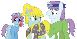 Size: 5960x3000 | Tagged: safe, artist:dragonchaser123, derpibooru import, oc, oc:alexandre, oc:hiroshi, oc:sayuri, unofficial characters only, earth pony, pony, unicorn, absurd resolution, blank flank, clothes, female, flower, flower in hair, headband, kimono (clothing), male, mare, raised hoof, simple background, stallion, transparent background, vector