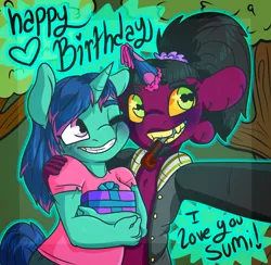 Size: 3424x3342 | Tagged: safe, artist:sexygoatgod, derpibooru import, oc, oc:kaden, oc:kasumi, anthro, unicorn, clothes, crossdressing, femboy, gay, grin, happy birthday, hat, heart eyes, jacket, male, oc x oc, one eye closed, party hat, party horn, present, selfie, shipping, side hug, smiling, starry eyes, wingding eyes, wink