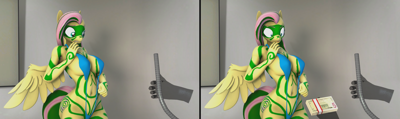 Size: 3637x1080 | Tagged: questionable, artist:dongly12, derpibooru import, fluttershy, anthro, bat pony, pegasus, series:a dire need of cash, 3d, alternate timeline, belly button, big breasts, bikini, breasts, busty fluttershy, chrysalis resistance timeline, clothes, flutterbat, grin, hose, huge breasts, implied inflation, money, nervous, paint, race swap, sling bikini, smiling, source filmmaker, swimsuit, tribalshy, what could possibly go wrong