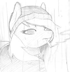 Size: 1937x1989 | Tagged: safe, artist:fluor1te, derpibooru import, oc, oc:fluorite, unofficial characters only, pony, beanie, cigarette, clothes, doomer, female, hat, hoodie, mare, monochrome, pencil drawing, rain, sketch, smoke, smoking, solo, traditional art, wojak