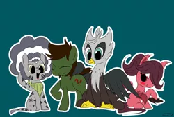 Size: 1280x865 | Tagged: safe, artist:taurson, derpibooru import, oc, oc:gia, oc:green ganache, oc:minutiae, oc:shairi, unofficial characters only, bat pony, earth pony, gryphon, zebra, bat pony oc, bat wings, earth pony oc, female, green background, griffon oc, group shot, male, mare, simple background, stallion, wings, zebra oc