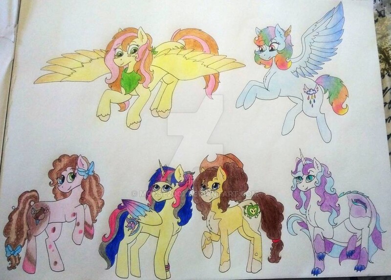 Size: 1057x756 | Tagged: safe, artist:monse2001, derpibooru import, oc, oc:apple blossom, oc:apple heart, oc:chocolate cotton candy, oc:rainbow drops, oc:snow diamond, oc:stella sparkle, unofficial characters only, alicorn, dracony, dragon, earth pony, hybrid, pegasus, pony, deviantart watermark, interspecies offspring, next generation, obtrusive watermark, offspring, parent:applejack, parent:big macintosh, parent:caramel, parent:cheese sandwich, parent:comet tail, parent:fluttershy, parent:pinkie pie, parent:rainbow dash, parent:rarity, parent:soarin', parent:spike, parent:twilight sparkle, parents:carajack, parents:cheesepie, parents:cometlight, parents:fluttermac, parents:soarindash, parents:sparity, traditional art, watermark