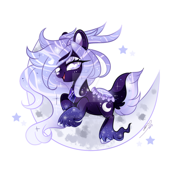 Size: 800x800 | Tagged: artist:ipun, crescent moon, deer, deer pony, derpibooru import, deviantart watermark, ethereal mane, female, mare, moon, obtrusive watermark, oc, oc:lavender prisma, original species, pond pony, safe, simple background, solo, starry mane, tangible heavenly object, transparent background, watermark