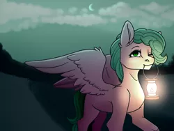 Size: 4724x3543 | Tagged: safe, artist:buvanybu, derpibooru import, oc, oc:sabrosa, unofficial characters only, pegasus, pony, cloud, commission, crescent moon, lantern, light, looking at you, moon, mouth hold, night, one eye closed, path, road, ych result