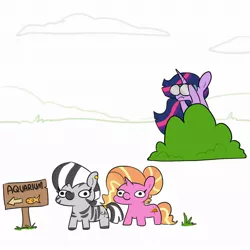 Size: 1080x1080 | Tagged: safe, artist:tjpones, derpibooru import, luster dawn, princess twilight 2.0, twilight sparkle, twilight sparkle (alicorn), oc, oc:zizzie, alicorn, pony, unicorn, zebra, the last problem, binoculars, female, imminent racism, lustie, mare, sign, squatpony, twiggie 2.0, twilight bushel, zebra oc