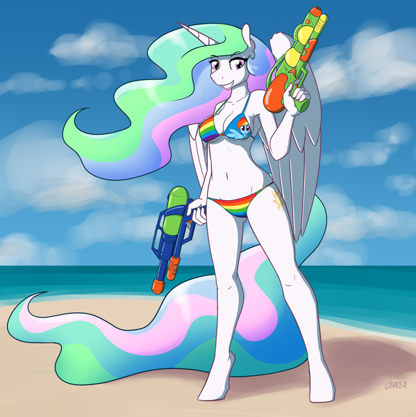 Size: 2025x2028 | Tagged: alicorn, anthro, artist:whatsapokemon, beach, belly button, bikini, breasts, clothes, derpibooru import, female, looking at you, mare, midriff, princess celestia, rainbow dash, rainbow dash bikini, solo, suggestive, swimsuit, unguligrade anthro, watergun, water pistol