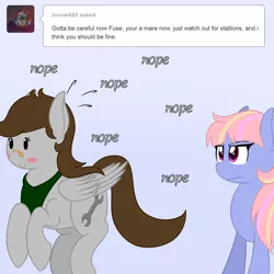 Size: 1280x1280 | Tagged: safe, artist:phoenixswift, derpibooru import, oc, oc:fuselight, unofficial characters only, earth pony, pegasus, pony, ask fuselight, ask, blushing, female, mare, nope, nope nope nope nope nope nope, rule 63, tumblr