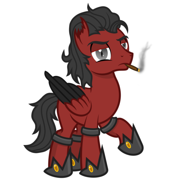 Size: 2000x2000 | Tagged: safe, artist:pizzamovies, derpibooru import, oc, oc:demonic hooves, unofficial characters only, pony, cigar, male, red and black oc, show accurate, simple background, smoking, solo, stallion, torn ear, transparent background