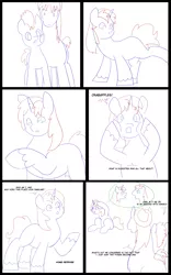 Size: 5000x8000 | Tagged: safe, artist:chedx, author:bigonionbean, derpibooru import, big macintosh, flash sentry, shining armor, trouble shoes, oc, oc:home defence, clydesdale, earth pony, pegasus, pony, unicorn, comic:the fusion flashback, butt, comic, commissioner:bigonionbean, confused, flank, forced, fuse, fused, fusion, fusion:home defence, head in hooves, magic, merging, plot, potion, sketch, sketch dump, swelling, talking to themself, thought bubble