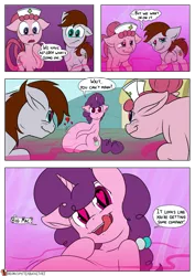 Size: 955x1350 | Tagged: suggestive, artist:teabucket, deleted from derpibooru, derpibooru import, big macintosh, sugar belle, oc, oc:bubbly joy, oc:flower pot, earth pony, pony, unicorn, comic:poison apple, belly, big belly, comic, dialogue, female, fetish, food, freckles, hat, heart eyes, hormones, huge belly, imminent vore, kitchen eyes, licking, licking lips, magic, male, mare, nurse hat, open mouth, patreon, patreon logo, pheromones, ponyville, public vore, shipping, stallion, straight, sugarmac, tongue out, vorabelle, vore, willing vore, wingding eyes