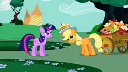 Size: 1280x720 | Tagged: safe, derpibooru import, screencap, applejack, twilight sparkle, earth pony, pony, unicorn, the ticket master, angry, apple, cake, cart, cupcake, cute, female, food, jackabetes, mare, pie, ponyville, smiling, unicorn twilight