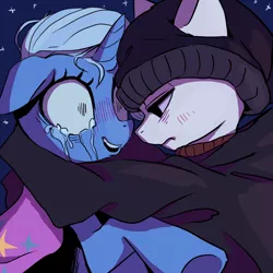 Size: 800x800 | Tagged: artist needed, safe, derpibooru import, trixie, oc, oc:anon, earth pony, pony, unicorn, /mlp/, 4chan, beanie, blushing, cape, clothes, crying, doomer, female, hat, hoodie, hug, male, mare, open mouth, shocked, stallion, trixie's cape