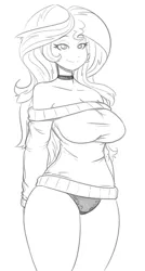 Size: 645x1199 | Tagged: suggestive, artist:reiduran, derpibooru import, sunset shimmer, human, equestria girls, bare shoulders, big breasts, breasts, busty sunset shimmer, choker, clothes, monochrome, off shoulder, off shoulder sweater, panties, sexy, smiling, stupid sexy sunset shimmer, sweater, thighs, underwear, wide hips