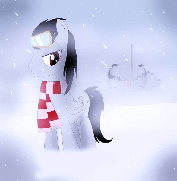 Size: 884x904 | Tagged: animal, artist:blazeburn386, bird, clothes, cold, derpibooru import, flag, goggles, male, oc, oc:snowblade, paint tool sai, pegasus, pegasus oc, penguin, scarf, semi-grimdark, snow, snowfall, stallion, standing, weapon, wings, winter, winter outfit