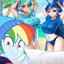 Size: 655x655 | Tagged: suggestive, artist:racoonsan, derpibooru import, edit, edited screencap, screencap, princess celestia, princess luna, rainbow dash, alicorn, human, between dark and dawn, equestria girls, equestria girls series, holidays unwrapped, spoiler:eqg series (season 2), alicorn humanization, alternate hairstyle, anime, beach, belly button, bikini, bikini bottom, blame my sister, breasts, busty princess celestia, busty princess luna, clothes, cropped, cute, cutelestia, duo, female, hair bun, hat, hawaiian shirt, horn, horned humanization, humanized, i'm with stupid, lunabetes, magic shirt, mare, nail polish, ocean, open mouth, palm tree, royal sisters, shirt, snow, swimsuit, toque, tree, window, winged humanization, wings, winter outfit