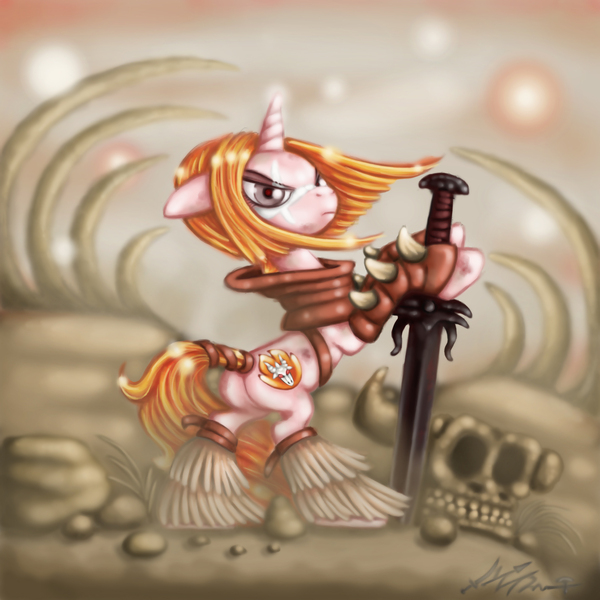 Size: 1417x1417 | Tagged: safe, artist:deathcutlet, derpibooru import, ponified, pony, golden axe, solo, tyris