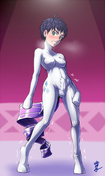 Size: 590x990 | Tagged: explicit, artist:omoi, derpibooru import, rarity, anthro, human, unguligrade anthro, unicorn, anal tail plug, arm hooves, balls, bondage, breasts, busty rarity, buttplug, crotch bulge, cutie mark, encasement, featureless breasts, human to pony, latex, latex suit, male, mask, masking, nudity, ponysuit, sex toy, solo, solo male