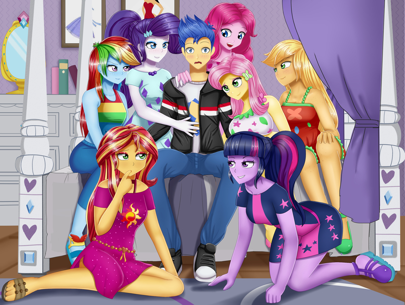 Size: 2660x2000 | Tagged: safe, artist:focusb, derpibooru import, applejack, flash sentry, fluttershy, pinkie pie, rainbow dash, rarity, sci-twi, sunset shimmer, twilight sparkle, bat pony, equestria girls, equestria girls series, spoiler:eqg series (season 2), blushing, breasts, busty fluttershy, female, finger in mouth, finger sucking, flash sentry gets all the mares, flash sentry gets all the waifus, flashdash, flashimmer, flashjack, flashlight, flutterbat, flutterflash, harem, humane five, humane seven, humane six, imminent orgy, imminent sex, lidded eyes, lucky bastard, male, missing accessory, no glasses, pinkiesentry, race swap, rarity's bedroom, sciflash, sentrity, shipping, straight