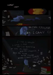 Size: 1240x1754 | Tagged: semi-grimdark, artist:lunarcakez, derpibooru import, princess luna, pony, comic:the origins of hollow shades, blood, book, cloak, clothes, comic, crying, s1 luna