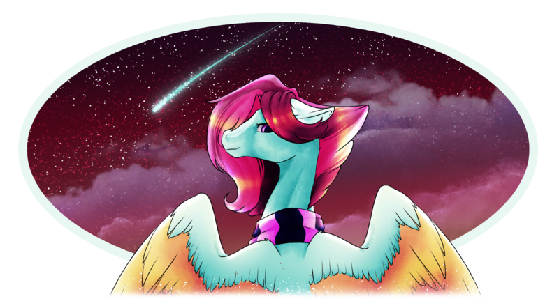 Size: 2560x1414 | Tagged: safe, artist:oneiria-fylakas, derpibooru import, oc, oc:celestial star, unofficial characters only, pegasus, pony, clothes, female, looking over shoulder, mare, scarf, shooting star, solo