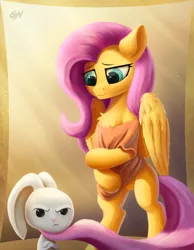 Size: 2114x2724 | Tagged: angel bunny, angry face, artist:gouransion, bipedal, chest fluff, clothes, cute, derpibooru import, duo, featureless crotch, female, fluttershy, mare, safe, shirt, shyabetes, smiling