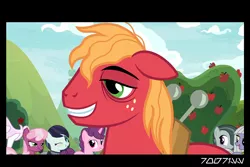 Size: 1288x858 | Tagged: safe, derpibooru import, edit, edited screencap, editor:teren rogriss, screencap, big macintosh, cheerilee, coloratura, fleur-de-lis, limestone pie, marble pie, sugar belle, earth pony, pony, unicorn, going to seed, apple, apple tree, big macintosh gets all the mares, female, floppy ears, food, grin, horn, male, mare, one eye closed, open mouth, smiling, stallion, straight, sweet apple acres, tree, wink
