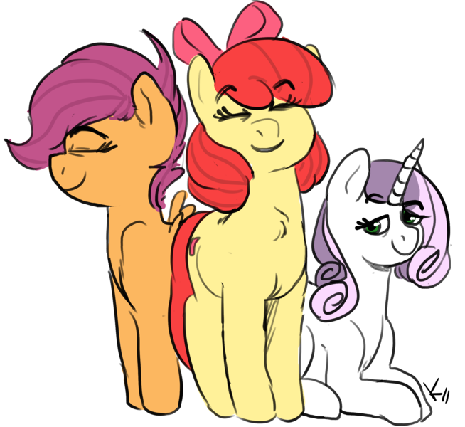 Size: 2446x2244 | Tagged: safe, artist:kackysocks, derpibooru import, apple bloom, scootaloo, sweetie belle, earth pony, pegasus, pony, unicorn, bow, cute, cutie mark crusaders, female, hair bow, simple background, smiling, transparent background, trio