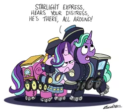 Size: 1966x1769 | Tagged: safe, artist:bobthedalek, derpibooru import, firelight, starlight glimmer, pony, unicorn, clothes, costume, father and child, father and daughter, fathers gonna father, female, male, mare, musical, roller skates, simple background, singing, stallion, starlight express, starlight is not amused, train, unamused, white background