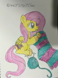 Size: 3024x4032 | Tagged: safe, artist:wolfspiritclan, derpibooru import, fluttershy, pegasus, pony, idw micro series, knitting, original art, solo, traditional art