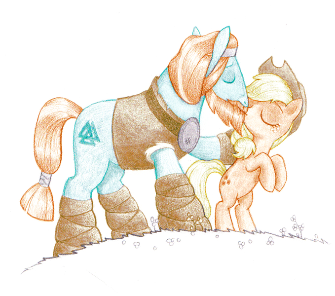 Size: 1802x1592 | Tagged: safe, artist:maran-zelde, derpibooru import, applejack, rockhoof, earth pony, pony, eyes closed, female, kissing, male, mare, rearing, rockjack, shipping, simple background, stallion, straight, traditional art, white background