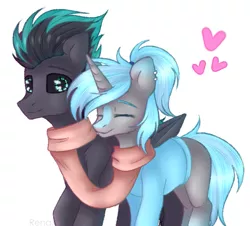 Size: 1375x1243 | Tagged: safe, artist:renalalka, derpibooru import, oc, oc:570rm, oc:rion, pegasus, pony, unicorn, birthmark, clothed ponies, clothes, cute, duo, ear piercing, earring, heart, jewelry, piercing, ponytail, scarf, sweater