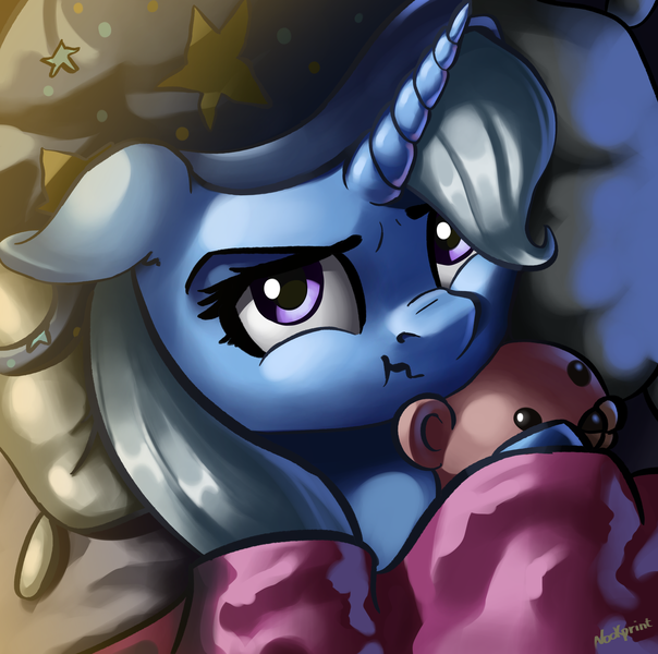 Size: 2767x2749 | Tagged: safe, artist:nookprint, derpibooru import, trixie, pony, unicorn, bed, blanket, bust, cute, diatrixes, female, floppy ears, hat, high res, mare, pillow, portrait, scrunchy face, solo, teddy bear