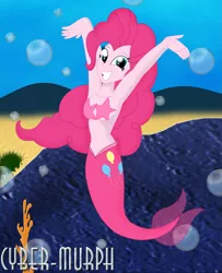 Size: 1709x2105 | Tagged: safe, artist:cyber-murph, derpibooru import, pinkie pie, mermaid, starfish, equestria girls, armpits, arms in the air, belly, belly button, coral, cute, flowing hair, mermaidized, midriff, rock, smiley face, species swap, starfish bikini, underwater