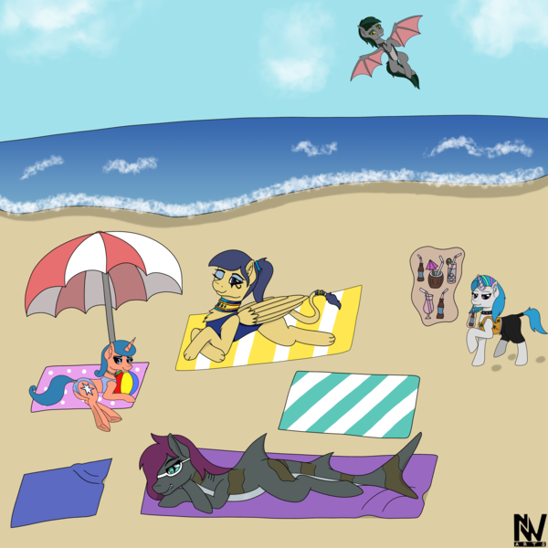 Size: 4000x4000 | Tagged: safe, artist:nightwind-arts, derpibooru import, oc, oc:anuli, oc:glimmering tide, oc:nightwind, oc:starlight, oc:velvet meadow, unofficial characters only, bat pony, original species, shark, shark pony, sphinx, unicorn, bat pony oc, bat wings, beach, beach ball, beach towel, beach umbrella, clothes, cloud, cloudy, drink, ear fluff, ear piercing, flying, folded wings, glasses, horn, jewelry, laying on stomach, magic, ocean, piercing, shark pony oc, side, sphinx oc, spread wings, swimsuit, unicorn oc, wings