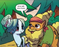 Size: 616x490 | Tagged: safe, derpibooru import, edit, idw, cattail, ms. vine, pony, spoiler:comic, spoiler:comic58, catvine, crack shipping, cropped, female, kiss me you fool, male, shipping, straight