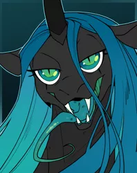 Size: 1264x1600 | Tagged: suggestive, artist:chrysyum, derpibooru import, queen chrysalis, changeling, changeling queen, bedroom eyes, fangs, female, long tongue, open mouth, quadrupedal, solo, solo female, tongue out