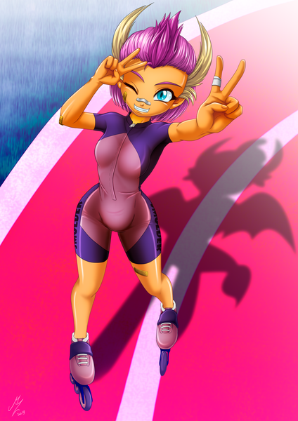 Size: 1522x2152 | Tagged: safe, alternate version, artist:mauroz, derpibooru import, smolder, equestria girls, anime style, bandaid, cameltoe, clothes, cute, equestria girls-ified, female, one eye closed, rollerblades, shorts, silhouette, smiling, smolderbetes, solo, track, tracksuit, wink