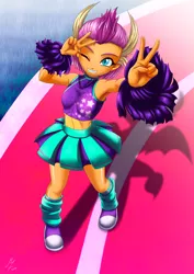 Size: 1522x2152 | Tagged: safe, alternate version, artist:mauroz, derpibooru import, smolder, 2 4 6 greaaat, equestria girls, anime style, armpits, cheerleader, clothes, converse, cute, equestria girls-ified, female, leg warmers, midriff, miniskirt, one eye closed, pleated skirt, pom pom, shoes, silhouette, skirt, smolderbetes, sneakers, solo, wink