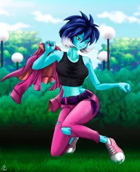 Size: 1746x2152 | Tagged: safe, alternate version, artist:mauroz, derpibooru import, princess ember, spike, equestria girls, belly button, clothes, converse, equestria girls-ified, female, hoodie, jacket, leather jacket, midriff, pants, shoes, sneakers, sports bra, tanktop